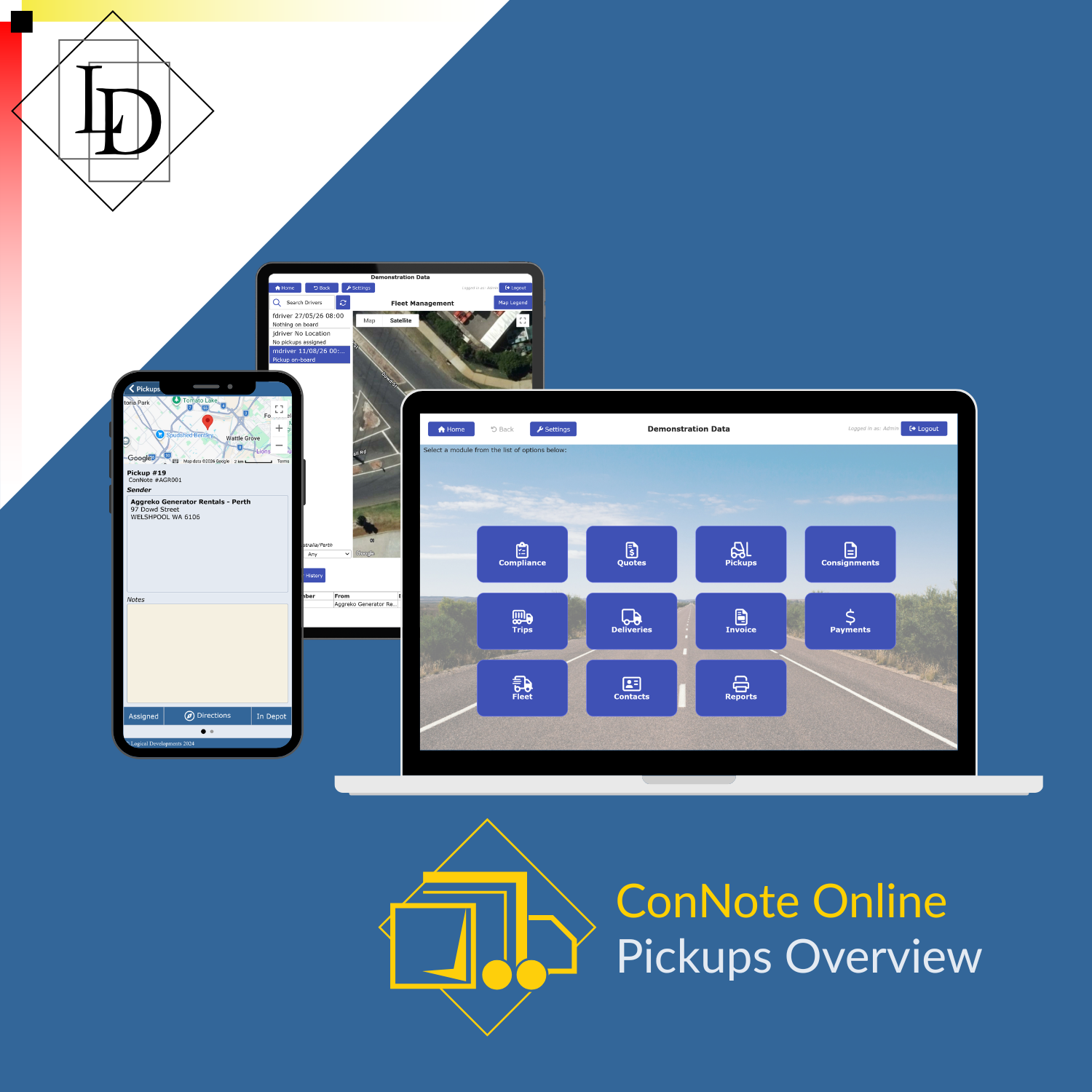A mobile device, a tablet, and a laptop displaying ConNote Online.